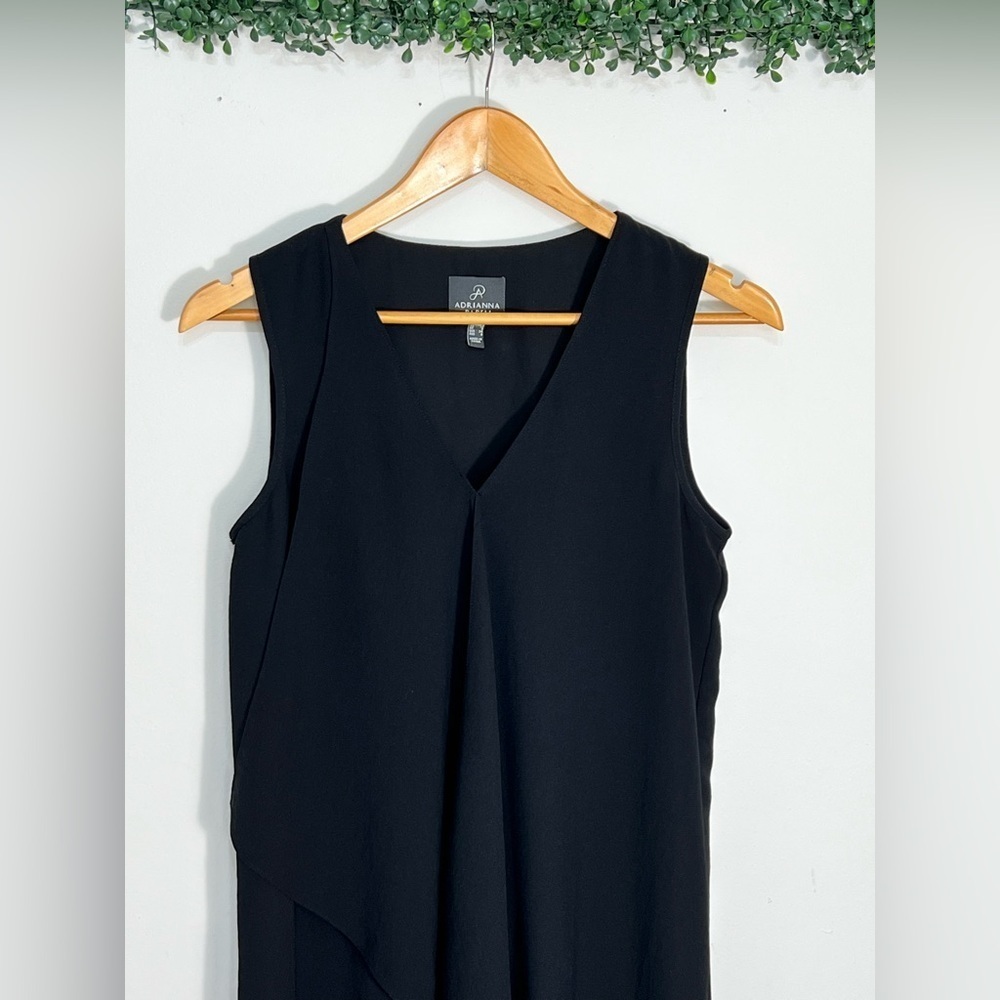 ADRIANNA PAPELL Quiet Luxury Black sheer Lined Draped Asymmetrical Hem Dress 4 - Picture 3 of 10